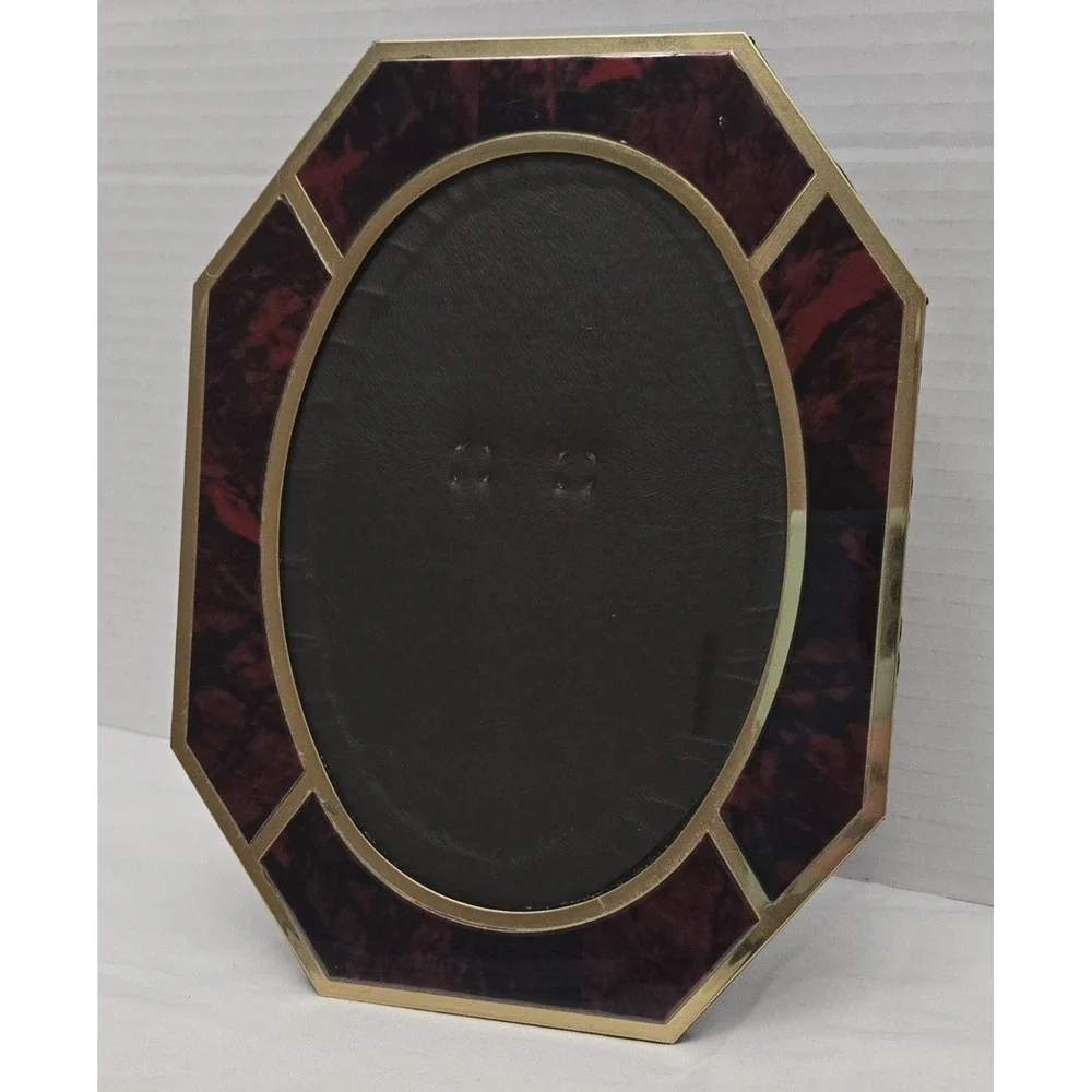MCM Vintage Brass & Red Faux Tortoise Octagon Tabletop Frame Oval Glass Window